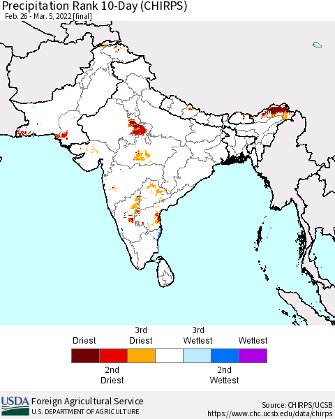 Southern Asia Precipitation Rank 10-Day (CHIRPS) Thematic Map For 2/26/2022 - 3/5/2022