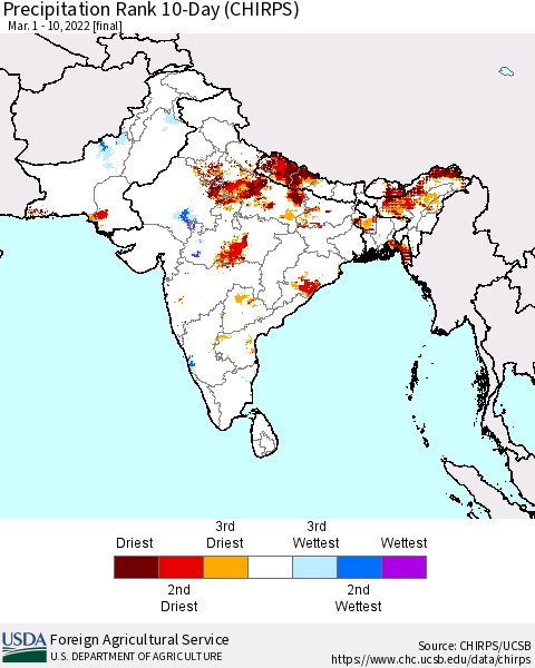 Southern Asia Precipitation Rank 10-Day (CHIRPS) Thematic Map For 3/1/2022 - 3/10/2022