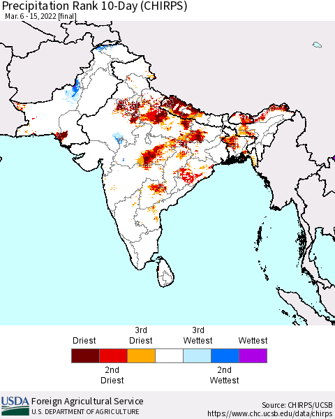 Southern Asia Precipitation Rank 10-Day (CHIRPS) Thematic Map For 3/6/2022 - 3/15/2022