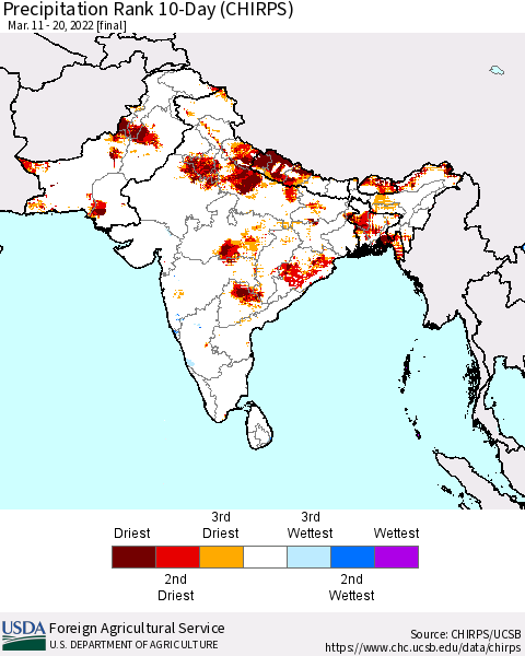 Southern Asia Precipitation Rank 10-Day (CHIRPS) Thematic Map For 3/11/2022 - 3/20/2022