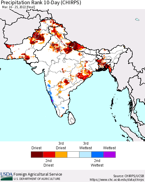 Southern Asia Precipitation Rank 10-Day (CHIRPS) Thematic Map For 3/16/2022 - 3/25/2022