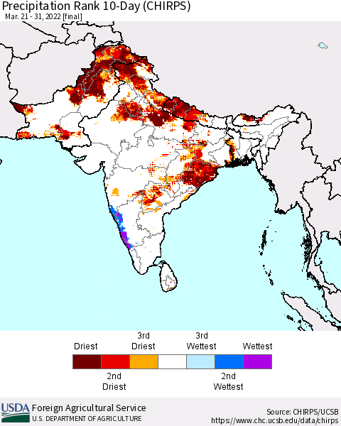 Southern Asia Precipitation Rank since 1981, 10-Day (CHIRPS) Thematic Map For 3/21/2022 - 3/31/2022