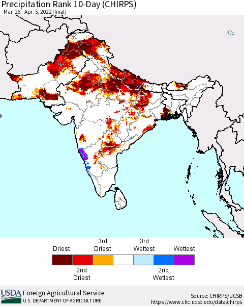 Southern Asia Precipitation Rank since 1981, 10-Day (CHIRPS) Thematic Map For 3/26/2022 - 4/5/2022