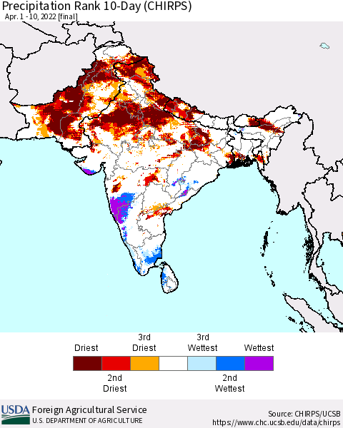 Southern Asia Precipitation Rank 10-Day (CHIRPS) Thematic Map For 4/1/2022 - 4/10/2022
