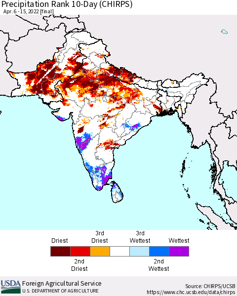 Southern Asia Precipitation Rank 10-Day (CHIRPS) Thematic Map For 4/6/2022 - 4/15/2022