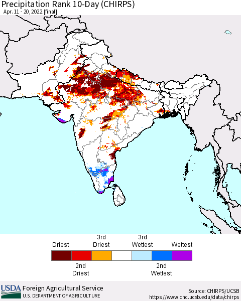 Southern Asia Precipitation Rank 10-Day (CHIRPS) Thematic Map For 4/11/2022 - 4/20/2022