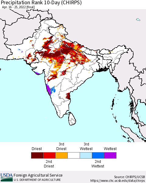 Southern Asia Precipitation Rank since 1981, 10-Day (CHIRPS) Thematic Map For 4/16/2022 - 4/25/2022