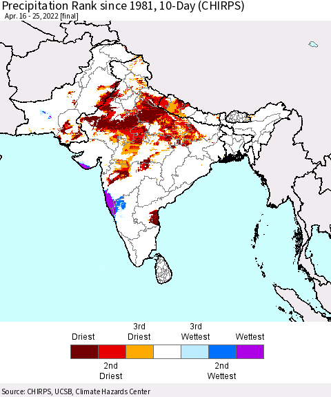 Southern Asia Precipitation Rank since 1981, 10-Day (CHIRPS) Thematic Map For 4/16/2022 - 4/25/2022