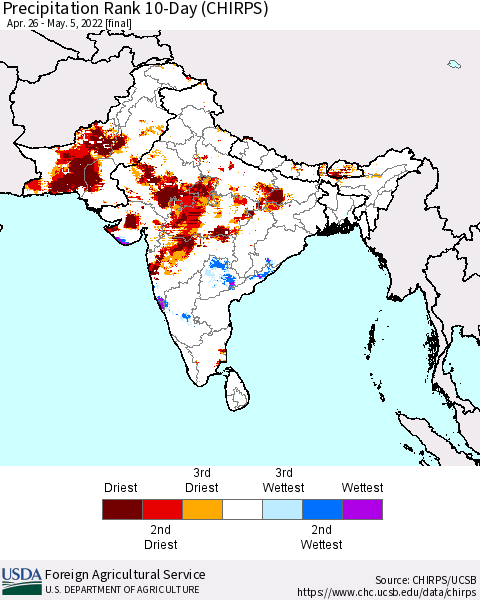 Southern Asia Precipitation Rank 10-Day (CHIRPS) Thematic Map For 4/26/2022 - 5/5/2022