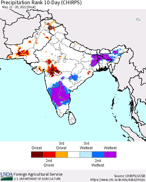 Southern Asia Precipitation Rank since 1981, 10-Day (CHIRPS) Thematic Map For 5/11/2022 - 5/20/2022