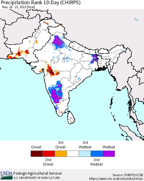 Southern Asia Precipitation Rank since 1981, 10-Day (CHIRPS) Thematic Map For 5/16/2022 - 5/25/2022