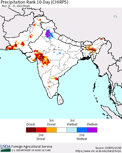 Southern Asia Precipitation Rank since 1981, 10-Day (CHIRPS) Thematic Map For 5/21/2022 - 5/31/2022