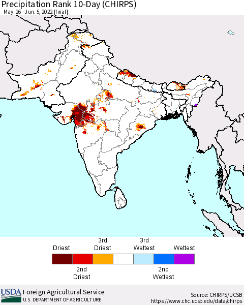 Southern Asia Precipitation Rank 10-Day (CHIRPS) Thematic Map For 5/26/2022 - 6/5/2022