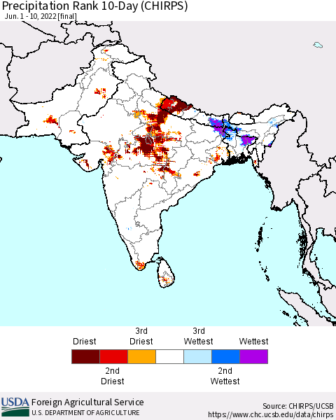 Southern Asia Precipitation Rank 10-Day (CHIRPS) Thematic Map For 6/1/2022 - 6/10/2022
