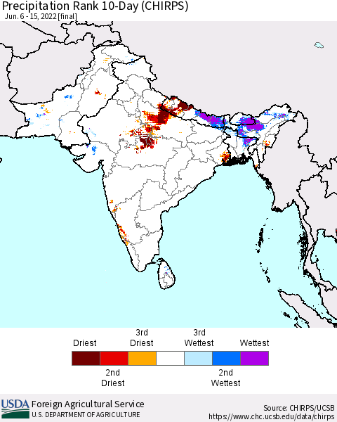 Southern Asia Precipitation Rank since 1981, 10-Day (CHIRPS) Thematic Map For 6/6/2022 - 6/15/2022