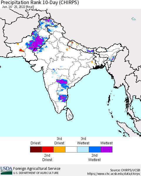 Southern Asia Precipitation Rank 10-Day (CHIRPS) Thematic Map For 6/16/2022 - 6/25/2022