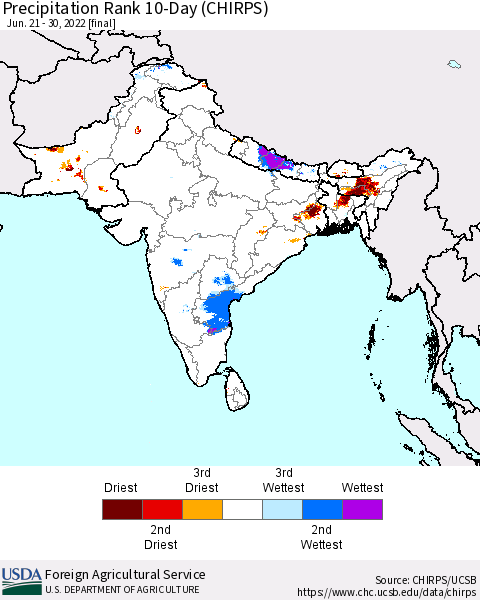 Southern Asia Precipitation Rank since 1981, 10-Day (CHIRPS) Thematic Map For 6/21/2022 - 6/30/2022