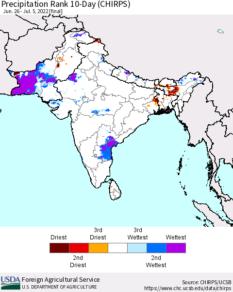 Southern Asia Precipitation Rank since 1981, 10-Day (CHIRPS) Thematic Map For 6/26/2022 - 7/5/2022