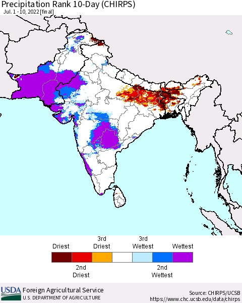 Southern Asia Precipitation Rank since 1981, 10-Day (CHIRPS) Thematic Map For 7/1/2022 - 7/10/2022