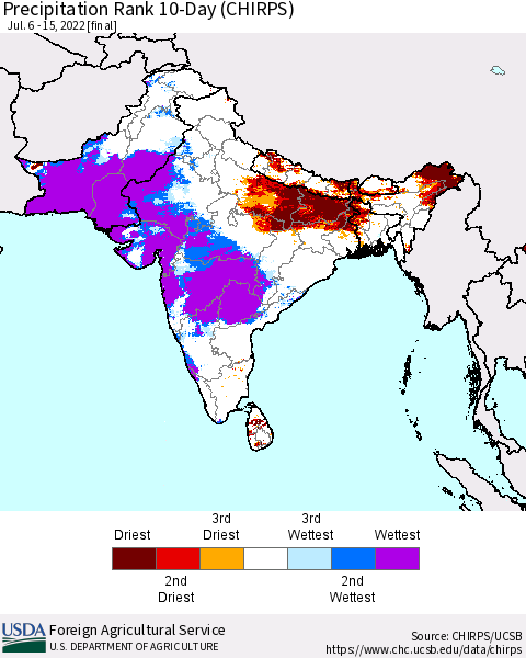 Southern Asia Precipitation Rank since 1981, 10-Day (CHIRPS) Thematic Map For 7/6/2022 - 7/15/2022