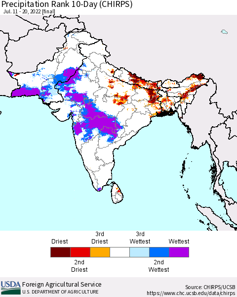 Southern Asia Precipitation Rank since 1981, 10-Day (CHIRPS) Thematic Map For 7/11/2022 - 7/20/2022