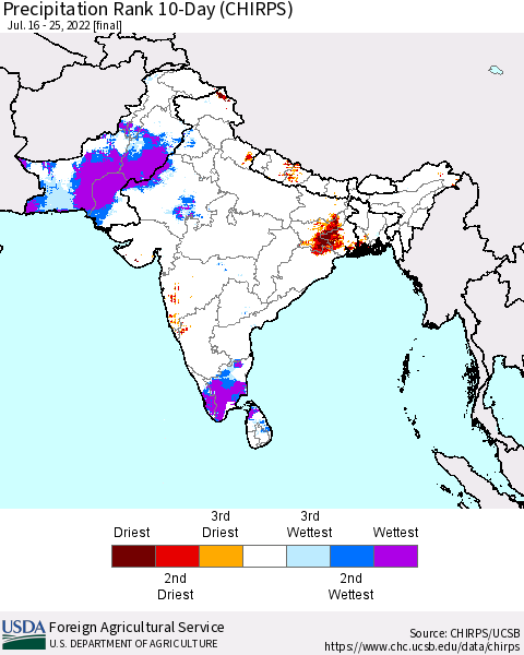 Southern Asia Precipitation Rank 10-Day (CHIRPS) Thematic Map For 7/16/2022 - 7/25/2022