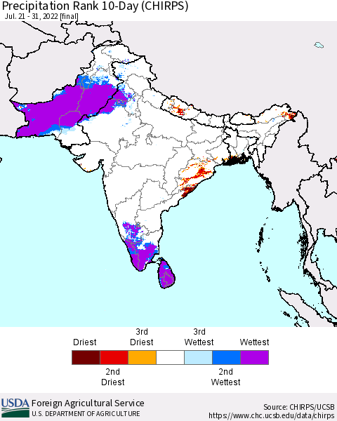 Southern Asia Precipitation Rank since 1981, 10-Day (CHIRPS) Thematic Map For 7/21/2022 - 7/31/2022