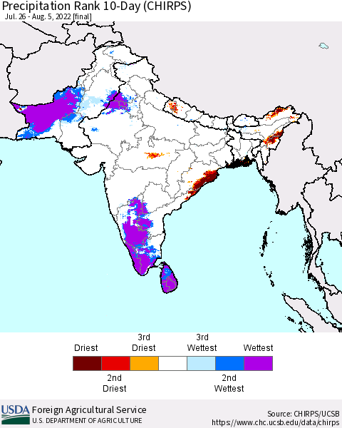 Southern Asia Precipitation Rank since 1981, 10-Day (CHIRPS) Thematic Map For 7/26/2022 - 8/5/2022