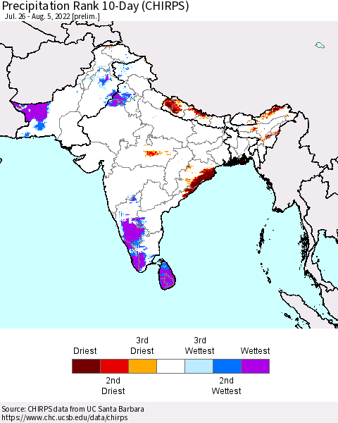 Southern Asia Precipitation Rank 10-Day (CHIRPS) Thematic Map For 7/26/2022 - 8/5/2022