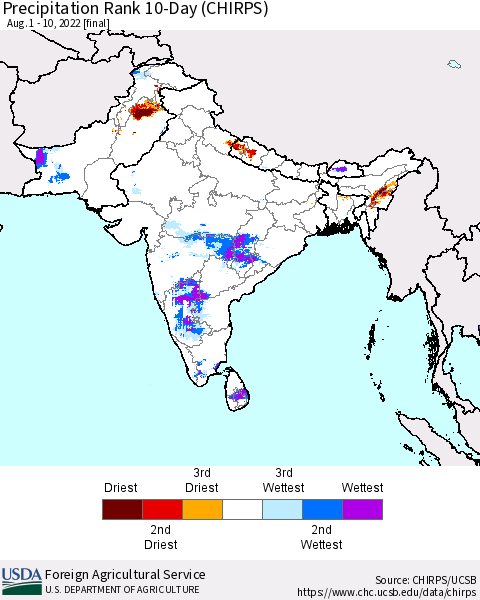 Southern Asia Precipitation Rank since 1981, 10-Day (CHIRPS) Thematic Map For 8/1/2022 - 8/10/2022
