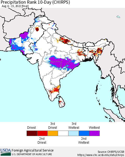 Southern Asia Precipitation Rank 10-Day (CHIRPS) Thematic Map For 8/6/2022 - 8/15/2022