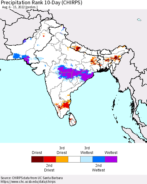 Southern Asia Precipitation Rank 10-Day (CHIRPS) Thematic Map For 8/6/2022 - 8/15/2022
