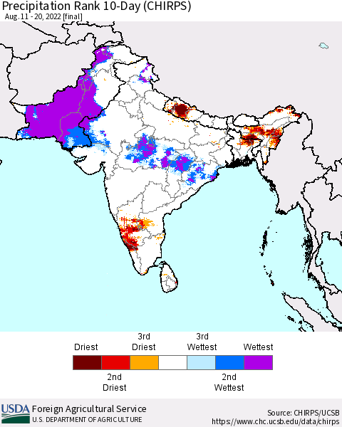 Southern Asia Precipitation Rank since 1981, 10-Day (CHIRPS) Thematic Map For 8/11/2022 - 8/20/2022