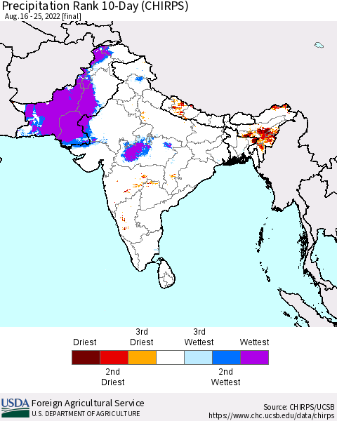 Southern Asia Precipitation Rank since 1981, 10-Day (CHIRPS) Thematic Map For 8/16/2022 - 8/25/2022