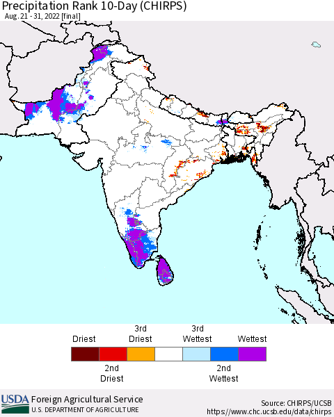 Southern Asia Precipitation Rank 10-Day (CHIRPS) Thematic Map For 8/21/2022 - 8/31/2022
