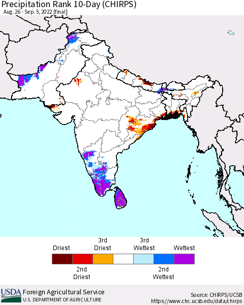 Southern Asia Precipitation Rank 10-Day (CHIRPS) Thematic Map For 8/26/2022 - 9/5/2022