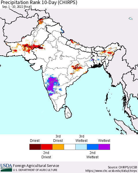 Southern Asia Precipitation Rank since 1981, 10-Day (CHIRPS) Thematic Map For 9/1/2022 - 9/10/2022