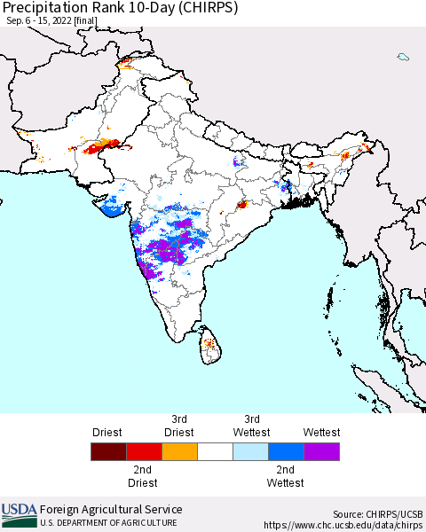 Southern Asia Precipitation Rank since 1981, 10-Day (CHIRPS) Thematic Map For 9/6/2022 - 9/15/2022