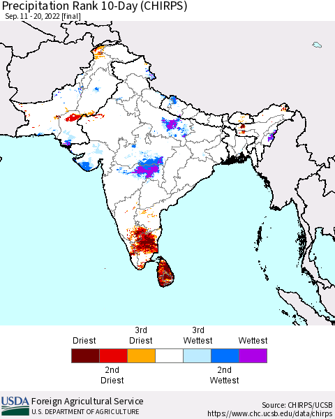 Southern Asia Precipitation Rank since 1981, 10-Day (CHIRPS) Thematic Map For 9/11/2022 - 9/20/2022