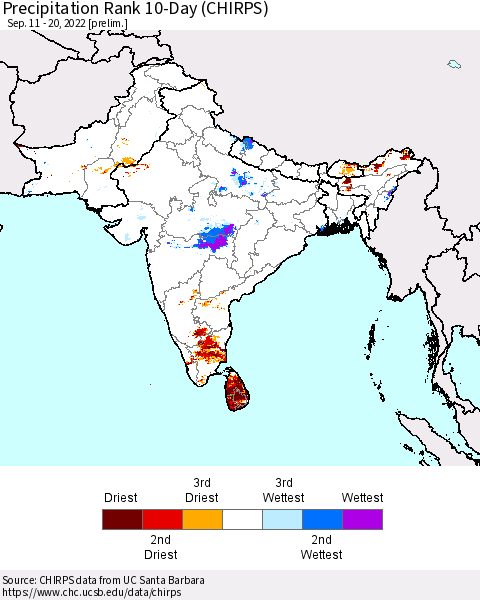 Southern Asia Precipitation Rank 10-Day (CHIRPS) Thematic Map For 9/11/2022 - 9/20/2022