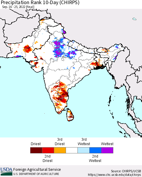 Southern Asia Precipitation Rank since 1981, 10-Day (CHIRPS) Thematic Map For 9/16/2022 - 9/25/2022