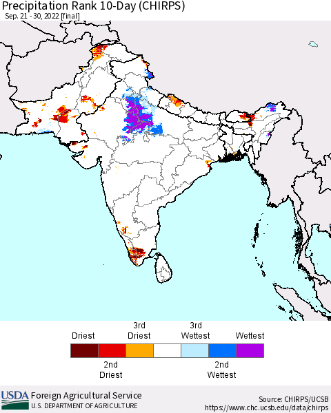 Southern Asia Precipitation Rank since 1981, 10-Day (CHIRPS) Thematic Map For 9/21/2022 - 9/30/2022