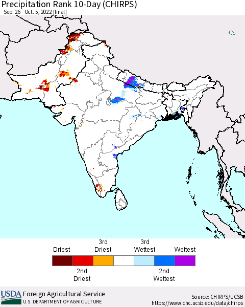 Southern Asia Precipitation Rank since 1981, 10-Day (CHIRPS) Thematic Map For 9/26/2022 - 10/5/2022