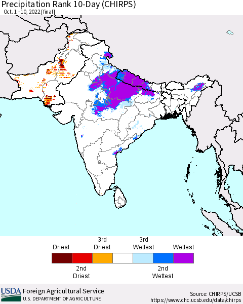 Southern Asia Precipitation Rank 10-Day (CHIRPS) Thematic Map For 10/1/2022 - 10/10/2022