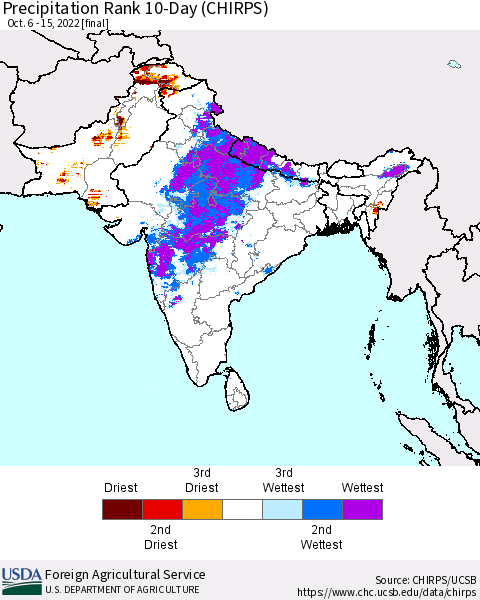 Southern Asia Precipitation Rank 10-Day (CHIRPS) Thematic Map For 10/6/2022 - 10/15/2022