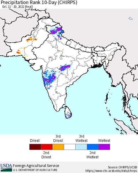Southern Asia Precipitation Rank 10-Day (CHIRPS) Thematic Map For 10/11/2022 - 10/20/2022