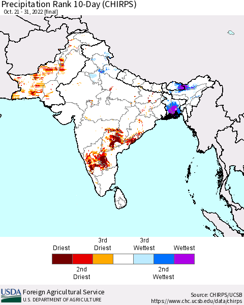 Southern Asia Precipitation Rank since 1981, 10-Day (CHIRPS) Thematic Map For 10/21/2022 - 10/31/2022