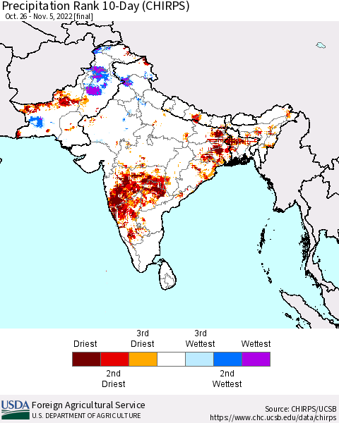Southern Asia Precipitation Rank 10-Day (CHIRPS) Thematic Map For 10/26/2022 - 11/5/2022