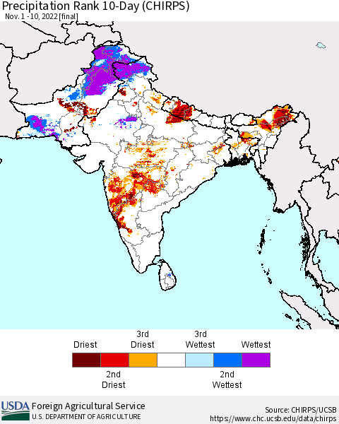 Southern Asia Precipitation Rank 10-Day (CHIRPS) Thematic Map For 11/1/2022 - 11/10/2022