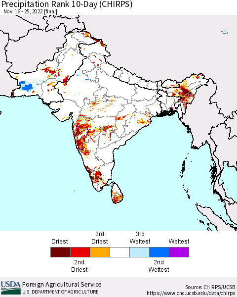 Southern Asia Precipitation Rank 10-Day (CHIRPS) Thematic Map For 11/16/2022 - 11/25/2022